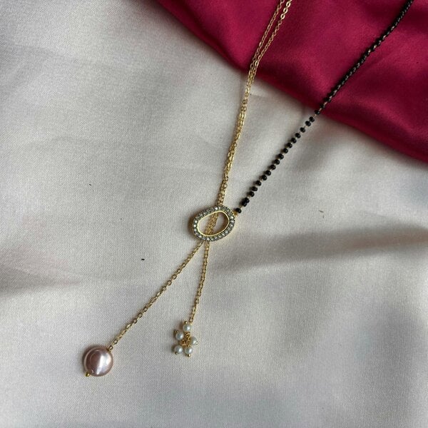 The Colourful Aura Half Black Bead Gold plated Oval Pearl Y shape Lariat Mangalsutra