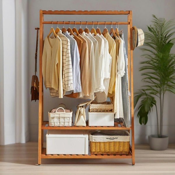 Rafaelo Mobilia Bamboo Clothes Rail With 2 Shelves