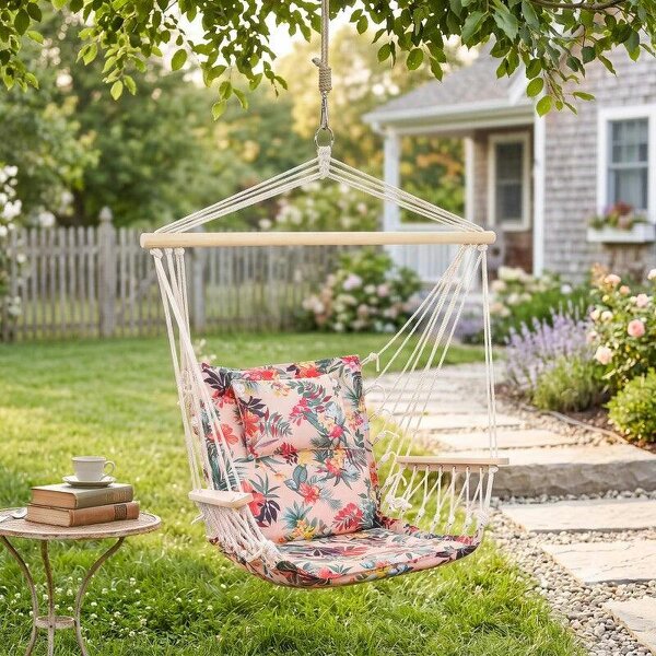 Garden Outdoor Hanging Hammock Chair Thick Rope Frame Wooden Arms Safe Garden Outdoor Spot Stylish Multicoloured floral - Multi Colour