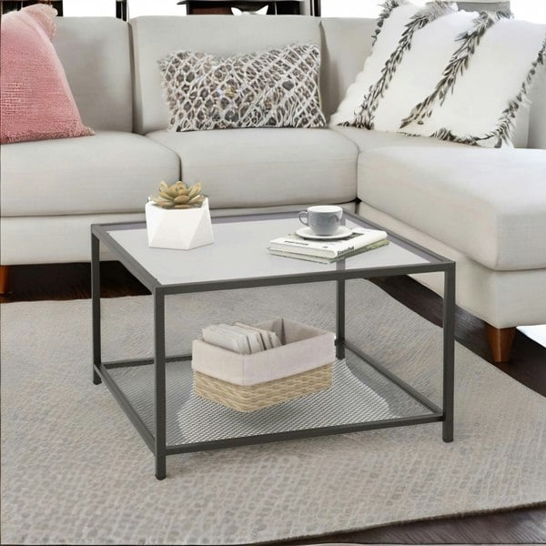 Rafaelo Mobilia 2-Tier Square Glass Coffee Table With Mesh Shelf Black