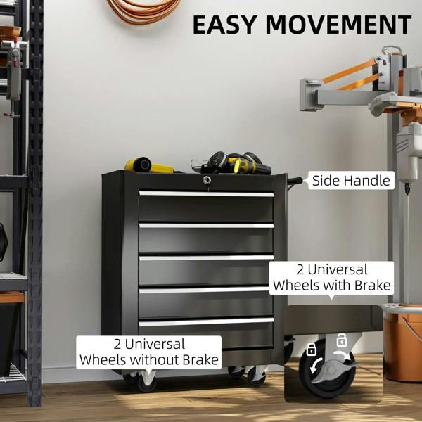 Black tool chest with side handle and universal caster wheels without brake