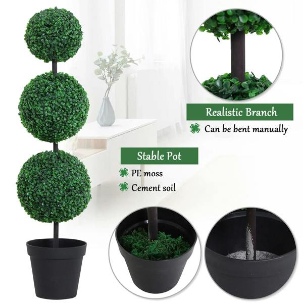 Artificial plant in black pot with three stacked green pom-pom foliage