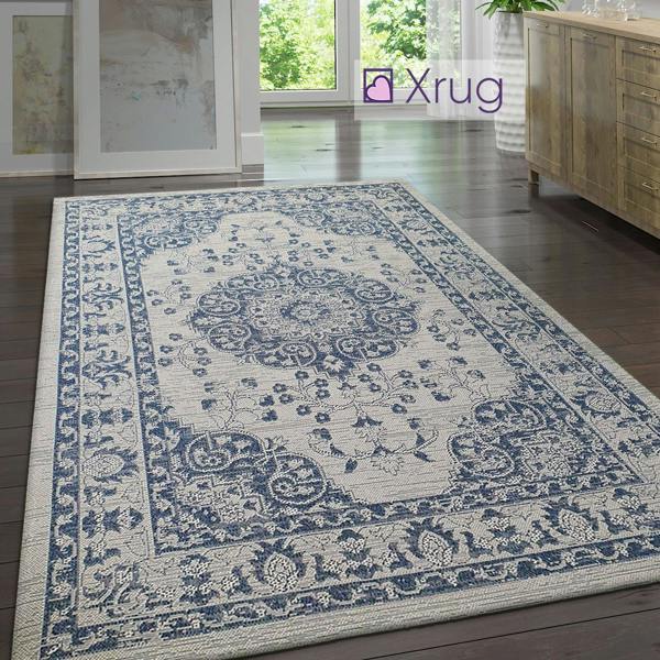 Cotton Rug Washable Grey Navy Blue Oriental Pattern Rug Runner Large Small Flat Weave Carpet Mat