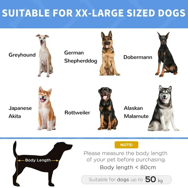 Raised pet cot size chart graphic for xx-large dogs, showing suitable dog types