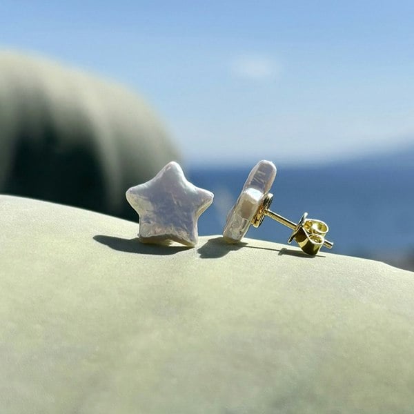 Gold vermeil star studs by LENAE London, comfortable earrings shown in nature.
