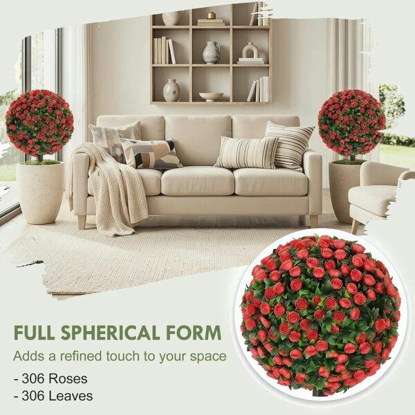 Artificial Rose Topiary UV Resistant, 2-Pack Fake Plants, 55 cm, Red