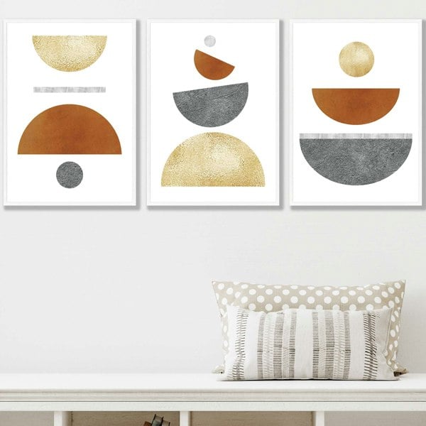 Artze Wall Art Set of 3 Orange, Gold and Grey Mid Century Geometric Framed Wall Art