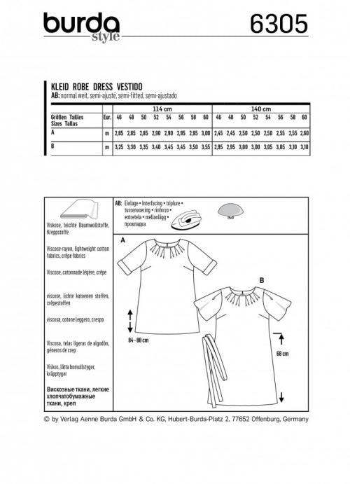 Burda Sewing Pattern 6305 Tops and Dresses For Women, 20 to 34 - Easy
