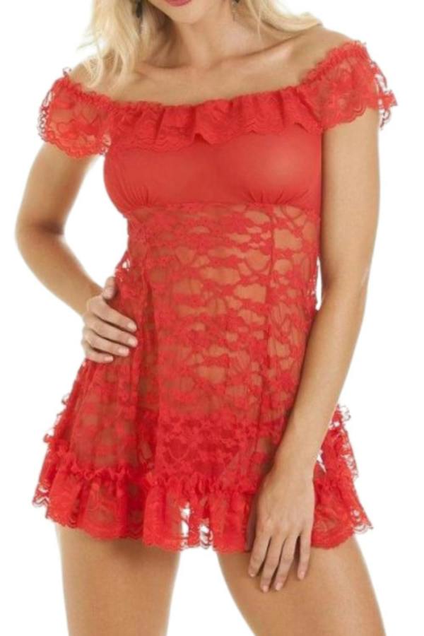 Camille Women's Sheer Lace Mesh Babydoll and G-String Knickers Red