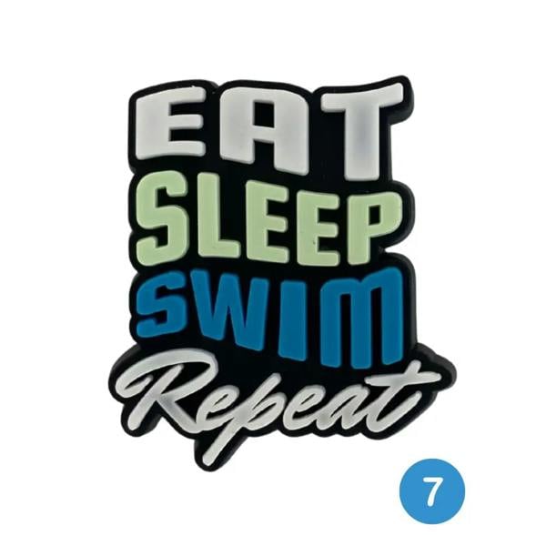 7-color gradient swim patch with Eat Sleep Swim Repeat text for Simply Swim shoe charms