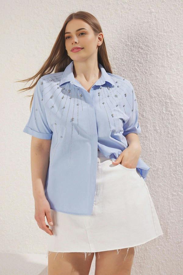 WOVCOR Short-Sleeve Embellished Woven Plus Size Shirt
