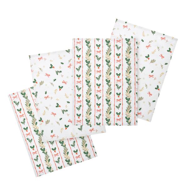 Catherine Lansfield Christmas Holly Stripe Cotton Kitchen Tea Towel Pack of 4 Cream / Red