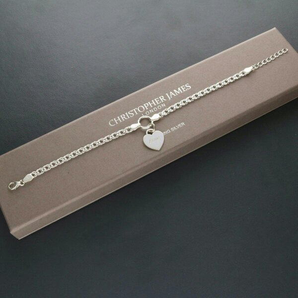 Christopher James of London Sterling Silver Ladies Heart on Fancy Double Curb Chain Bracelet With Optional Engraving
