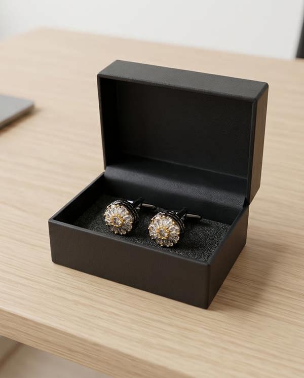 Pair of cufflinks in a black box on a wooden surface