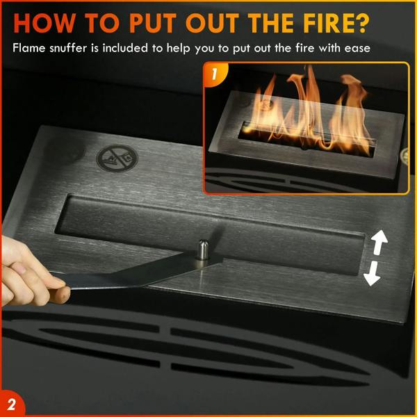 Black fireplace burner cover being moved to put out active flames