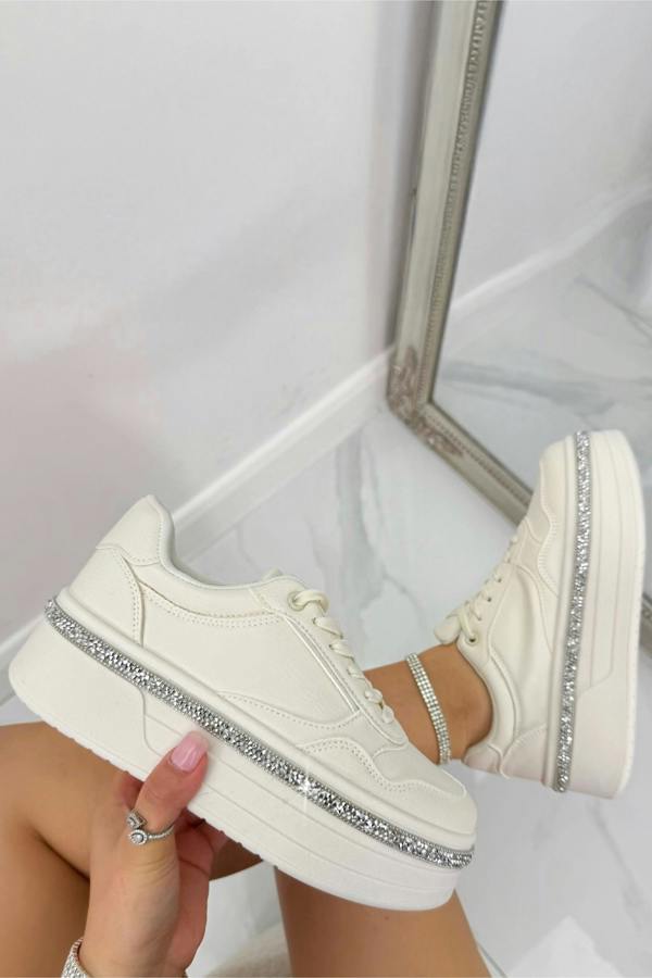 Crystal Diamante Trim Platform Trainers Nude, drawing attention to chunky platform sole for added height and comfort