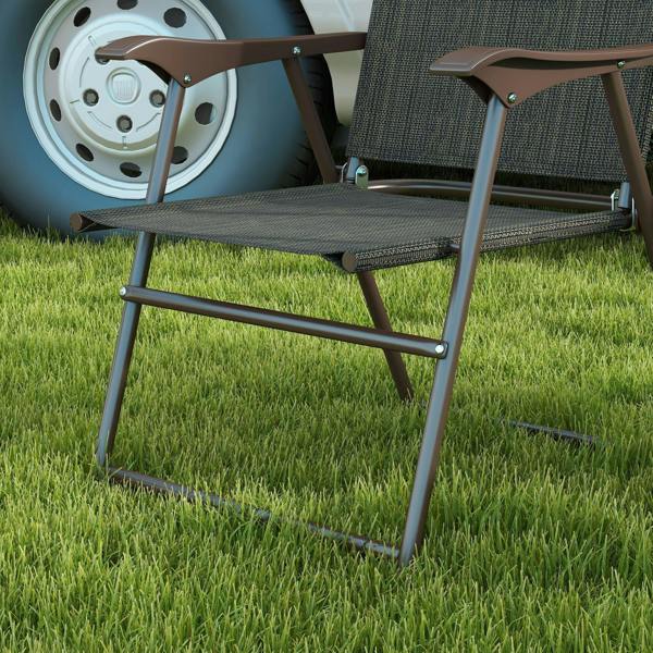 Folding garden chair with dark brown frame, dark mesh seat, and padded armrests