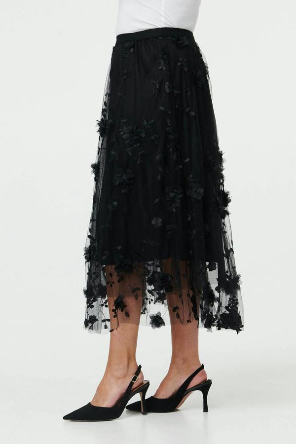 Black | Semi Sheer Embroidered Mesh Midi Skirt