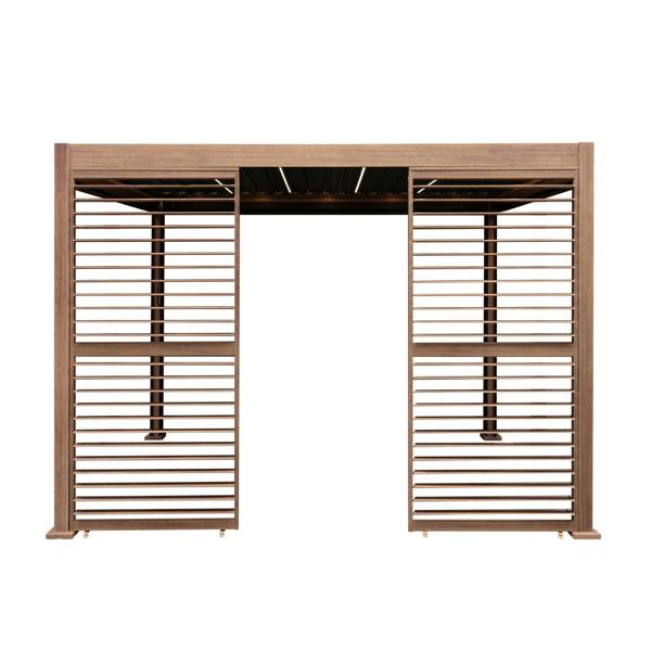 Wood effect aluminium pergola with blinds, featuring two side panels and integrated LED lights, 3m x 3m, stylish outdoor design