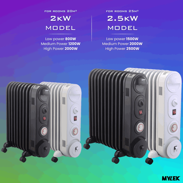Mylek Oil Filled Radiator Electric Heater, Portable, Thermostat and 24hr Timer, Black 2000W