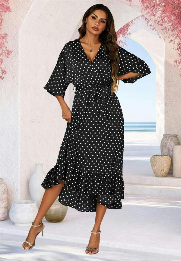 FS Collection Polka Dot Print Wrap Top Kimono Sleeve Maxi Dress In Black