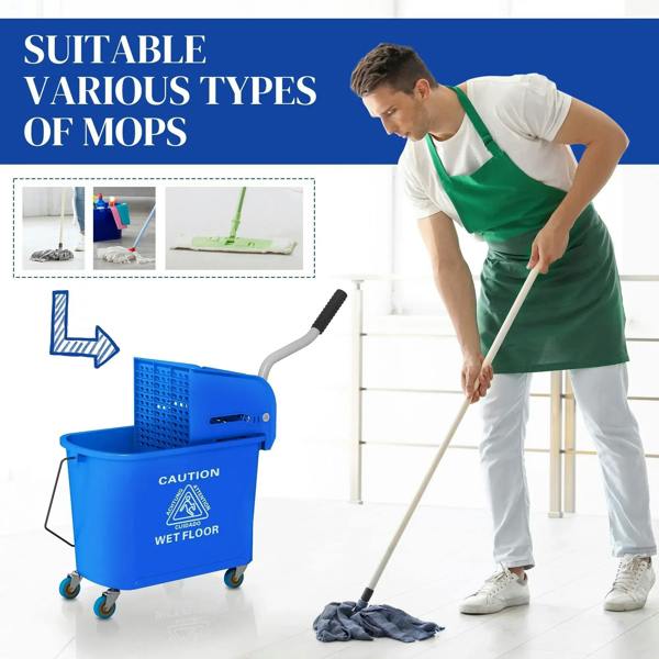 Blue wheeled mop bucket with wringer basket for use with different mop heads
