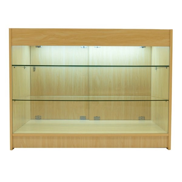 Maple Aries LED shop counter set featuring a sleek design with glass shelves, illuminated interior, and a smooth wood finish