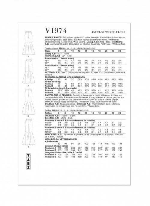 Vogue Sewing Pattern 1974, Trousers for Women, H5 (6-8-10-12-14) - Intermediate