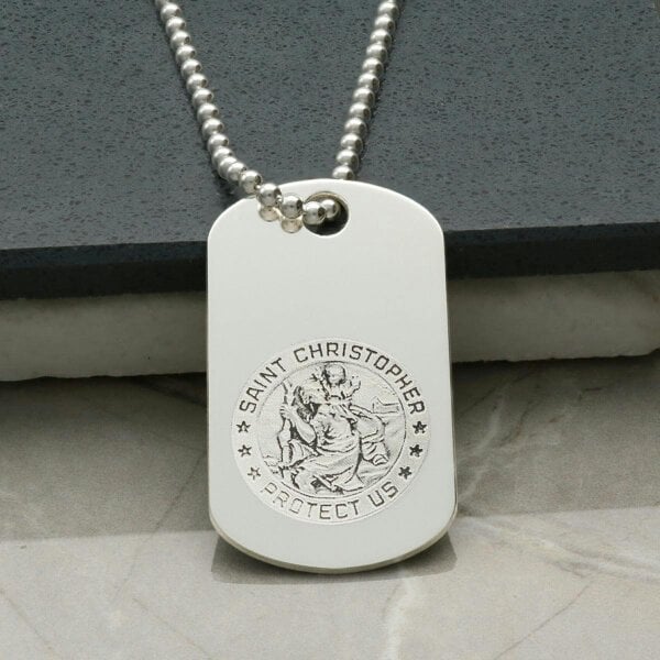 Christopher James of London Sterling Silver Engraved St Christopher Dog Tag With Optional Engraving and Chain
