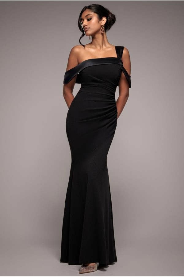One Shoulder Satin Band Maxi Dress - Black DR3454
