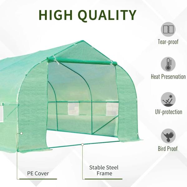 Green greenhouse with zippered door and stable steel frame, PE cover