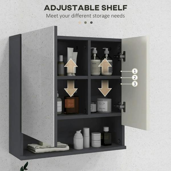 Bathroom mirror cabinet with adjustable shelves and interior compartments for toiletries