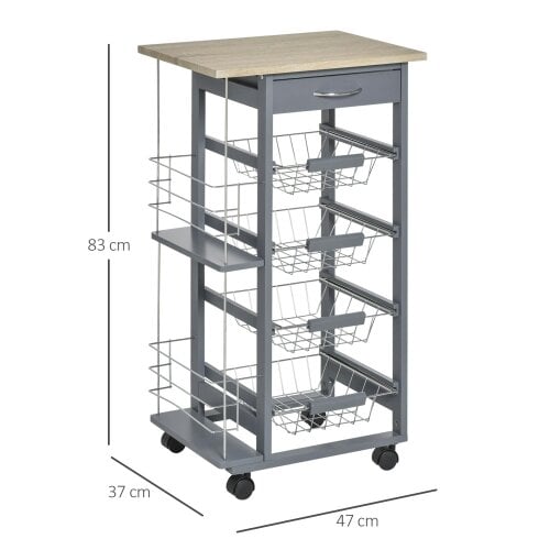 Wyld Haus Nerake Metal Grey Rolling Kitchen Cart With 4 Basket Drawers And Side Racks