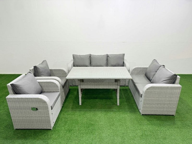 Fimous PE Rattan Garden Furniture Set Reclining Chair Sofa Double Love Seat 2 Seater Sofa Lounge Set Rectangular Dining Table Light Grey