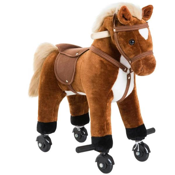 Brown plush ride-on horse toy with white patches and four rolling wheels