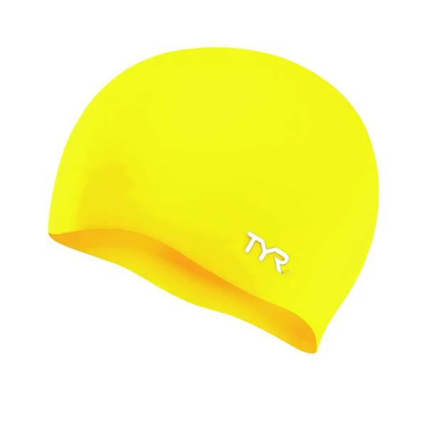 Yellow TYR wrinkle free silicone swim cap with logo