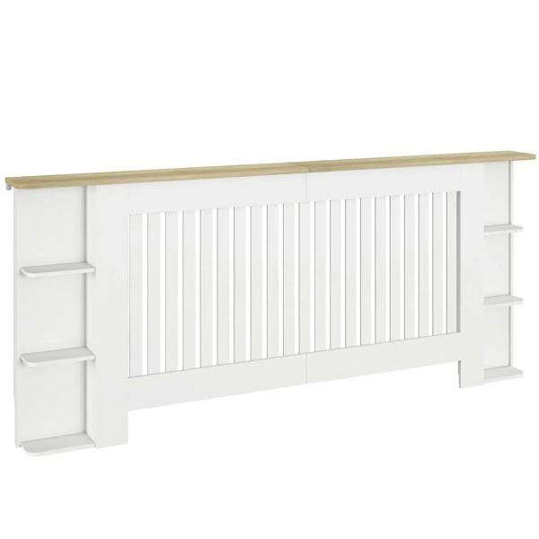 White radiator cover cabinet with open side storage shelves and vertical slatted front panel