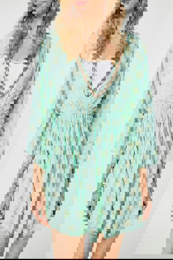 Green | Foiled Leaf Print Short Beach Dress