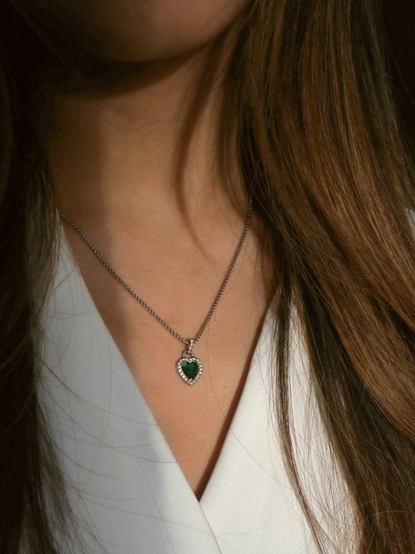 SVNX Green Diamante Heart Necklace and Earrings Set in Silver Colour