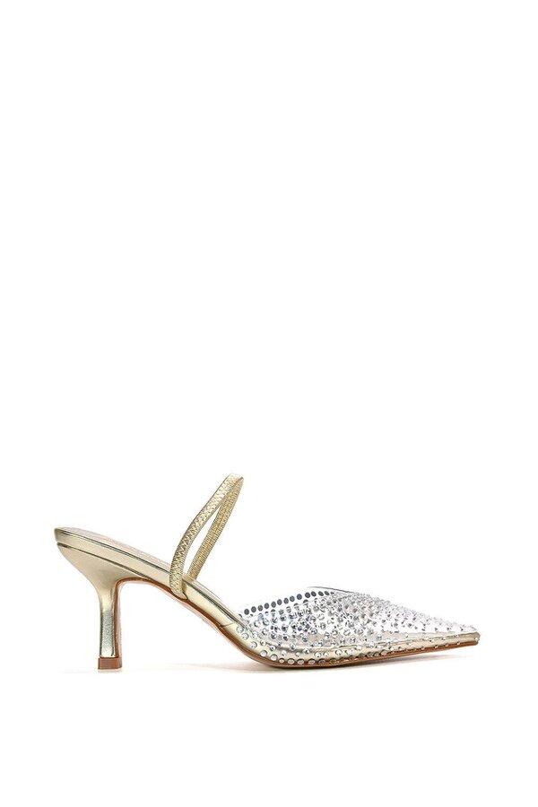 XY LONDON Clear Perspex Diamante Stiletto Heel Slingback Court Shoes - Gold