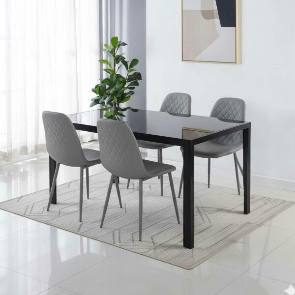 Kosy Koala Modern Black Glass Dining Table Set with 4 Grey Dining Chairs Dining Room Furniture
