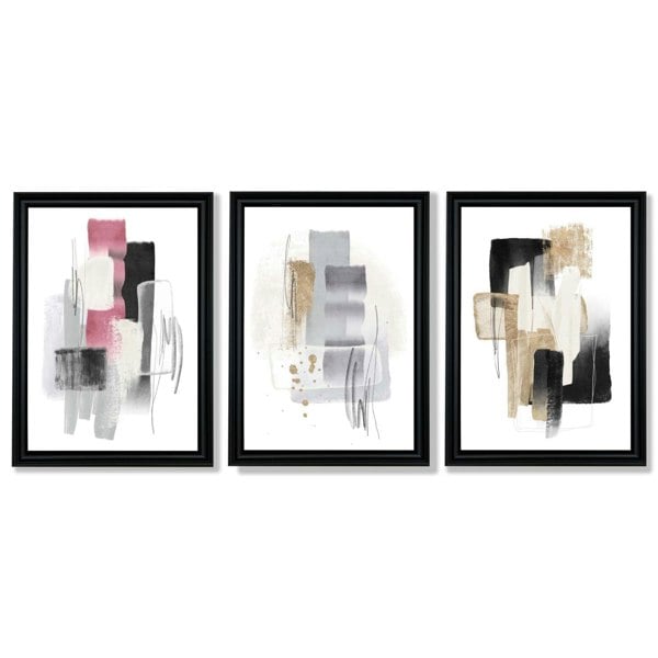 Set of 3 Abstract Black Pink and Silver Framed Art Prints with Vermeer Black Frames