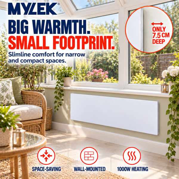 MYLEK Panel Space Heater White Low Level 1KW Eco, Smart and WiFi App Slimline Low Energy - Wall Mounted, Bathroom IPX4