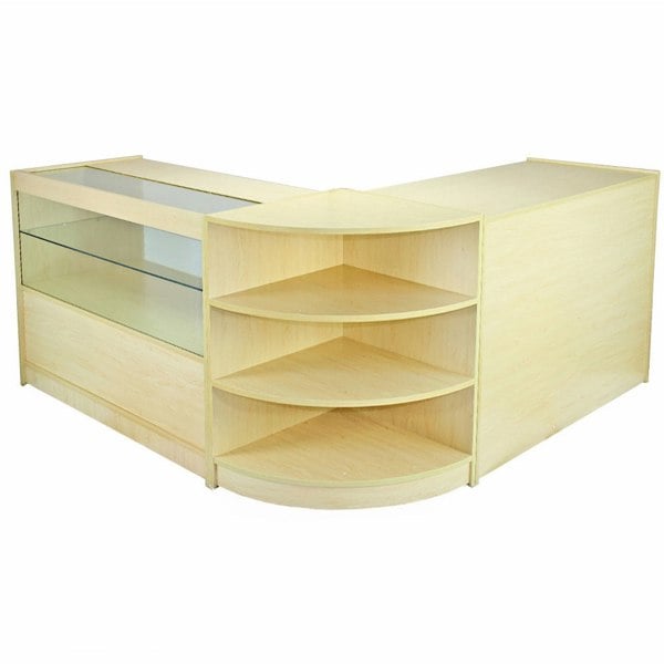 Nova Maple Shop Counter & Retail Display Set featuring a light maple finish, curved design, glass display shelves, and ample storage space