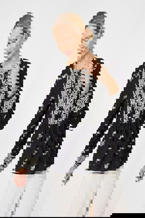 Black | Border Print Long Sleeve Tassel Blouse
