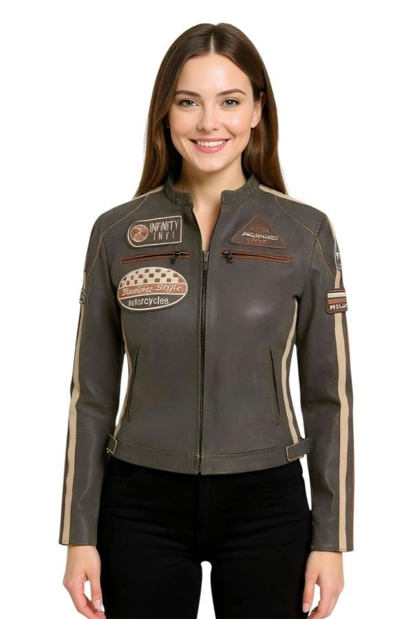 Infinity Leather Womens Leather Biker Racing Badges Jacket-Agadir