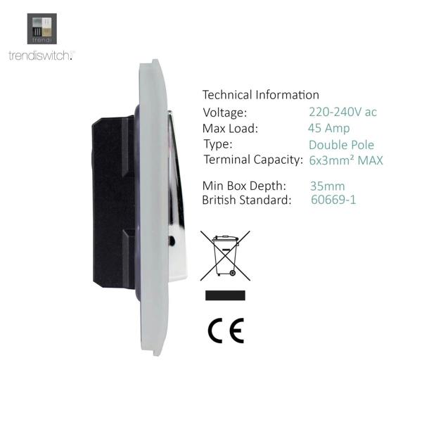 Trendi Switch 1 Gang 45 Amp Cooker Switch with Neon in Platinum Silver