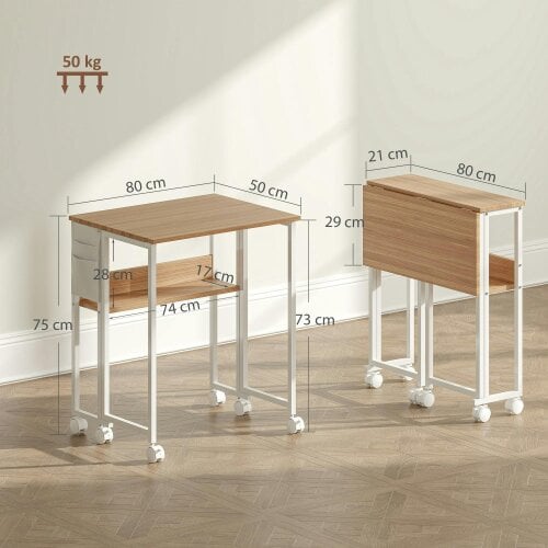 Wyld Haus Zika 80cm Wooden Natural Drop Leaf Writing Desk with Lockable Wheels