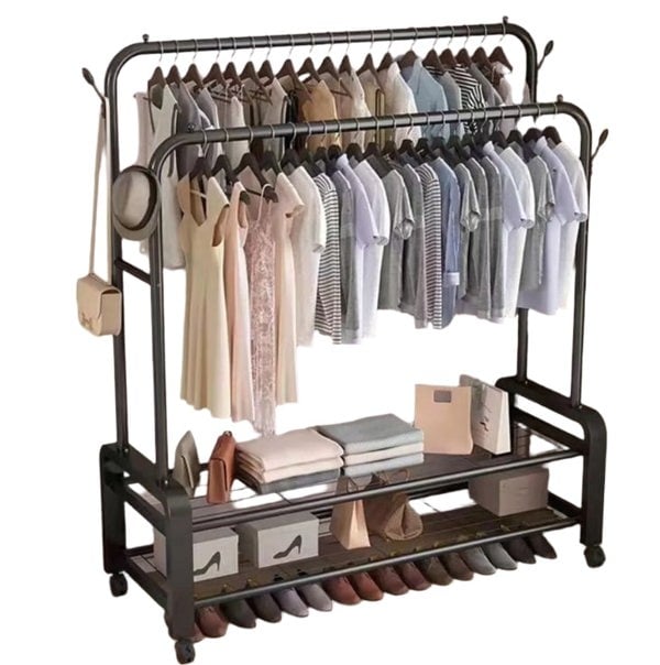 Modcraft Black Heavy Duty Double Rail Clothes Rack – Garment Hanging Stand with Wheels