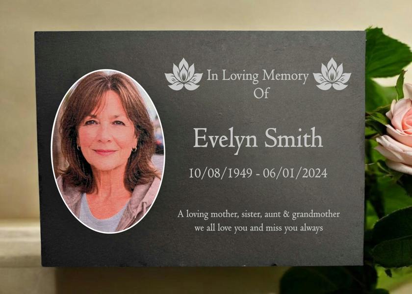Memorials Direct Photo Slate Memorial Plaque, Lotus, Add a Portrait & Personalised Text | 35×25cm (14×10”)